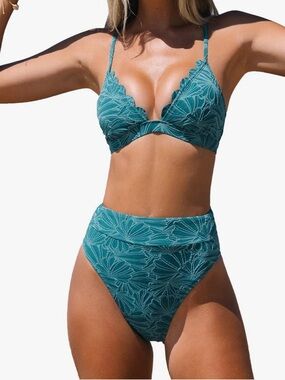 Cupshe Teal Floral V-Neck Two-Piece Bikini